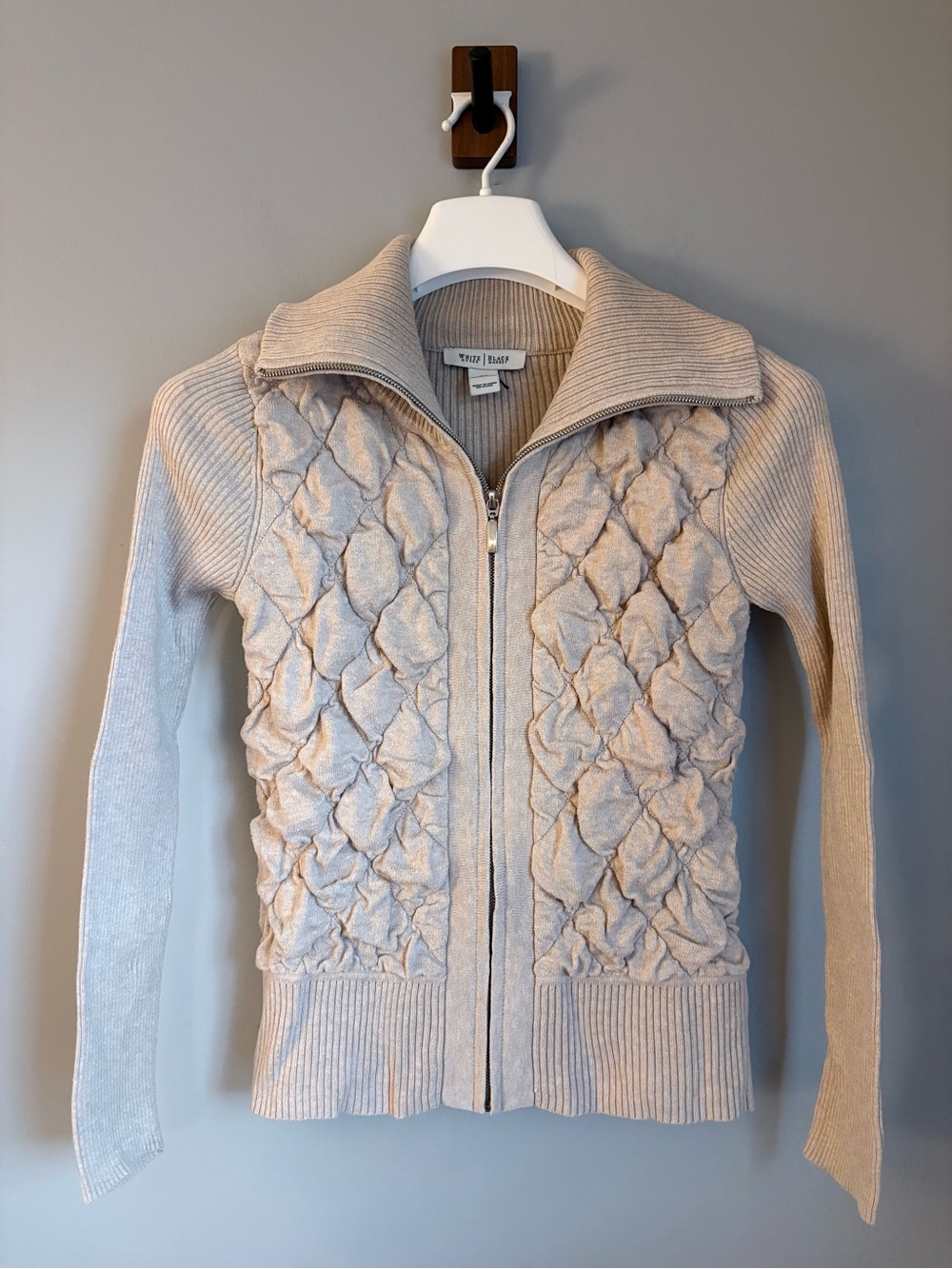 White House Black Market Cream Smocked Quilted Zip Sweater Jacket XS Beige